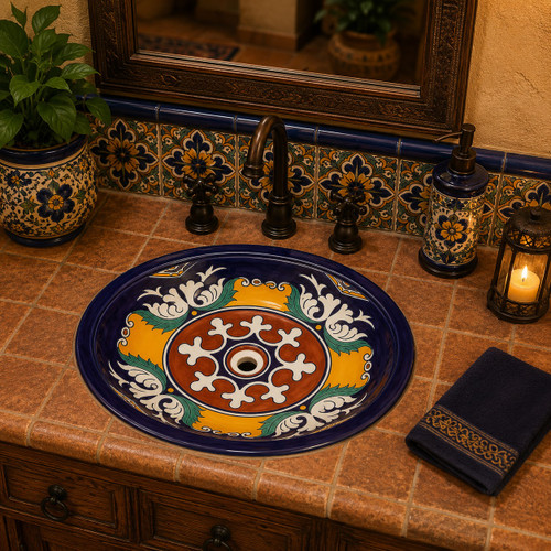Colorful Mexican bathroom sink with handcrafted elegance in a rustic bathroom vanity with handcrafted talavera tile countertop