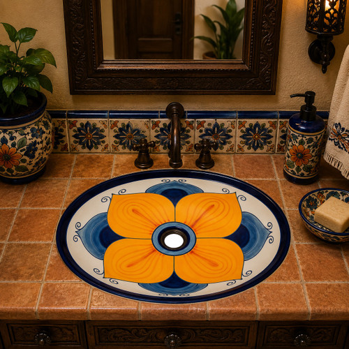 Mexican bathroom sink in artisan floral style featured in a Spanish Revival bathroom with handcrafted tile vanity
