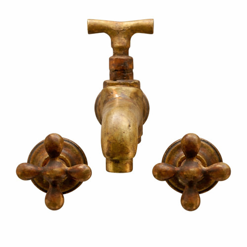 Antique bronze wall faucet with cross handles front view