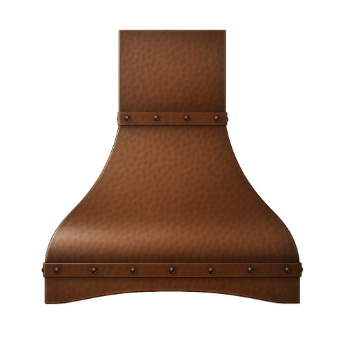 Bell shape hammered copper range hood with riveted straps front view, curved canopy with dark bands and warm copper patina