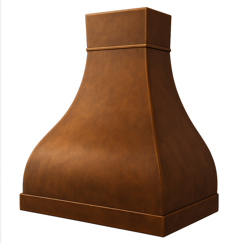 Rustic bell-shape copper range hood - angle view