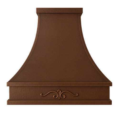 Old European copper range hood with decorative scroll motif, lightly hammered copper canopy with warm reddish brown patina and forged scroll centerpiece on white background