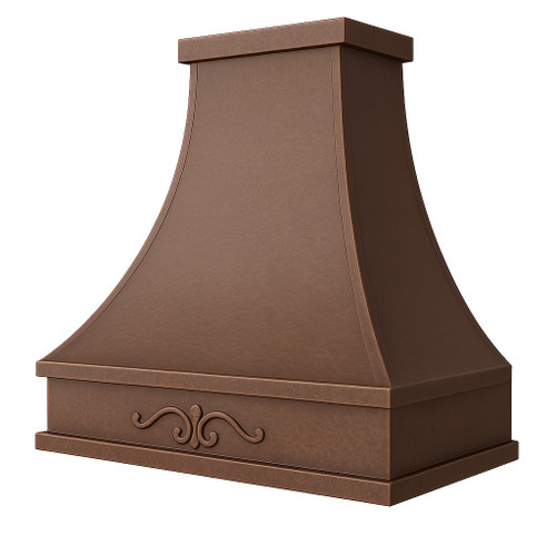 Old European copper range hood with decorative scroll motif side view on white background, lightly hammered copper canopy with warm reddish brown patina and tapered profile silhouette