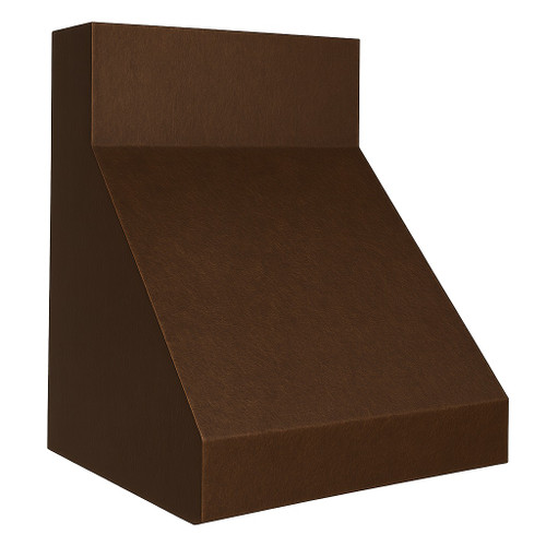 Simple under cabinet copper range hood profile view, compact hammered canopy with dark patina and straight side silhouette
