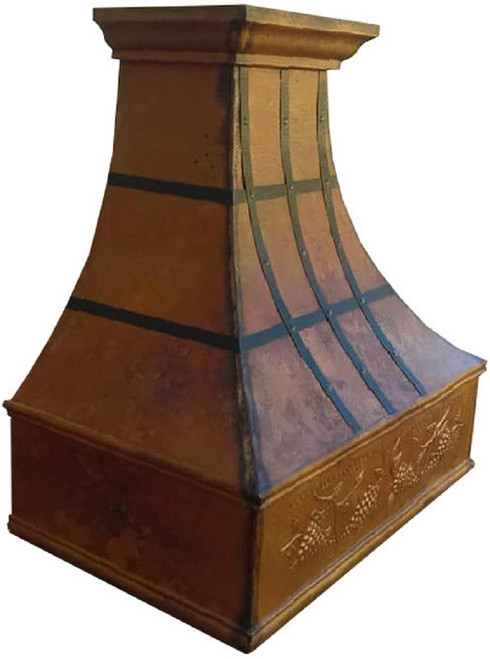 Copper range hood with dark straps shown side view, riveted band wraps corner with smooth copper panels and apron profile