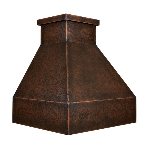 Angled view of minimalist trapezoidal copper range hood with deep apron, hammered coffee patina