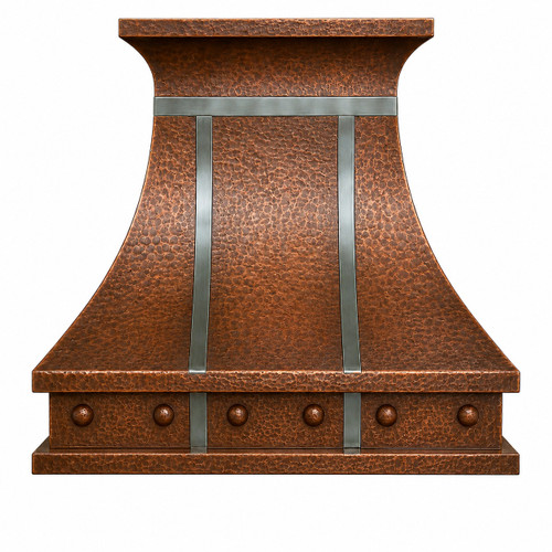 Hand-hammered copper bell range hood with zinc straps, antique patina, curved crown and riveted apron