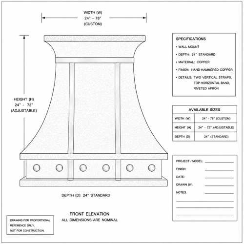 Technical drawing of hammered copper bell range hood with zinc straps showing front view, dimensions and proportions