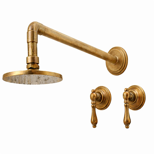 Industrial style shower set with classic lever handles with warm rustic patina finish