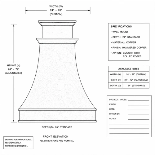 Hand-hammered Hacienda copper range hood front elevation drawing showing flared canopy, crown molding and proportional dimensions