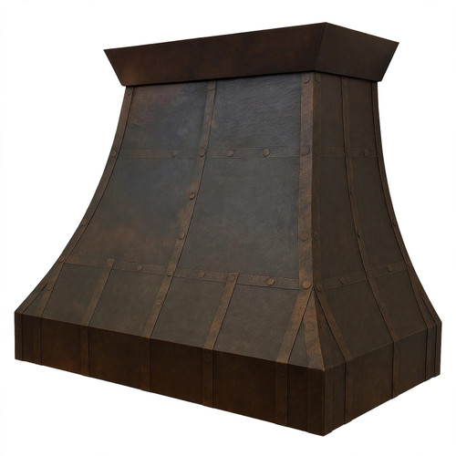Close up hand hammered oil rubbed bronze copper range hood with riveted straps and dark patina