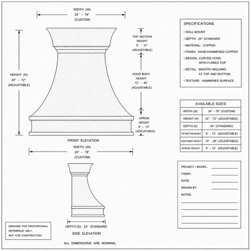 Technical drawing of bell-shape rustic hammered copper range hood showing dimensions and proportions