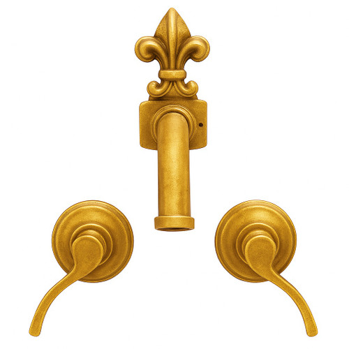 Brass wall mount faucet with warm golden patina finish