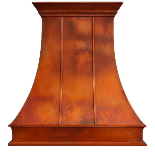 Country kitchen copper exhaust hood front view, curved copper canopy with warm rustic patina and simple crown molding