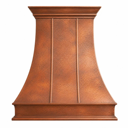 Country kitchen copper exhaust hood front view with hammered texture, flared canopy, vertical ribs and layered trim