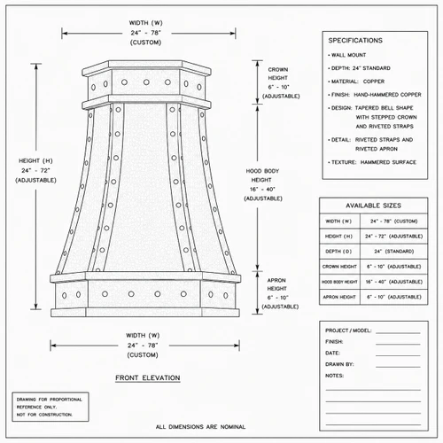 Technical drawing of faceted copper island range hood with riveted straps showing proportions and dimensions