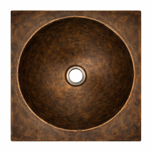 Square drop-in undermount brass bathroom sink with round bowl with dark aged patina