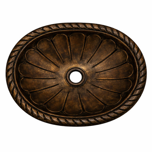 Aged bronze oval drop-in bathroom sink with radial fluted design with dark patina finish