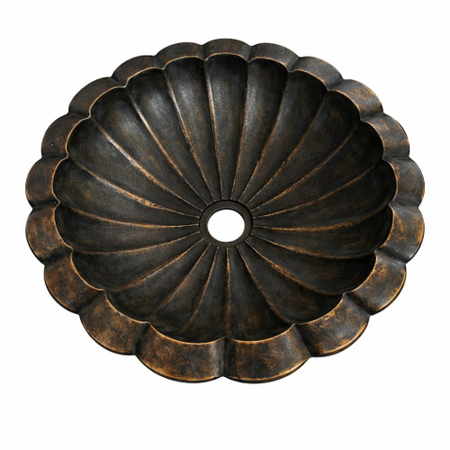 Brass scalloped shell bathroom sink with radial fluted design with dark aged finish