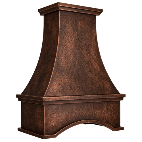 Angled view of hand hammered copper range hood with deep concave apron