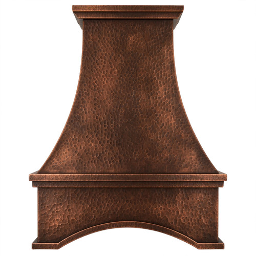 Hand hammered copper range hood with deep concave apron on white background