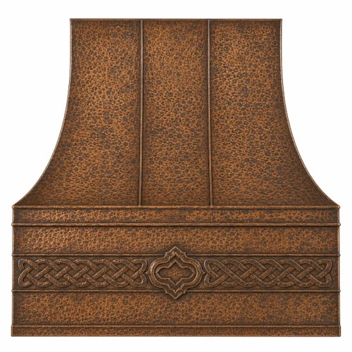 Celtic knot copper range hood with embossed apron, hammered antique copper finish, front view