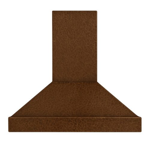 Front view of modern pyramid copper range hood with tall chimney, coffee patina and plain box apron