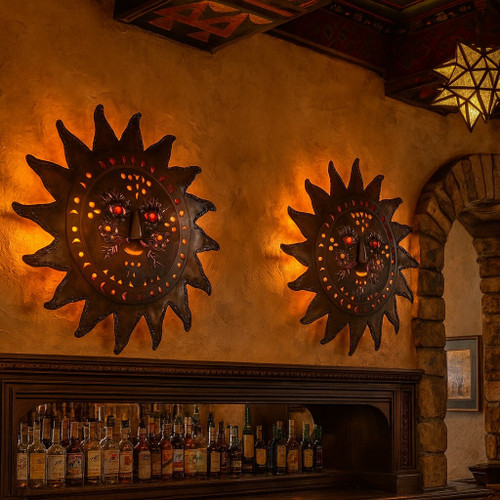 Mexican sun face tin wall lamp shade decorating a wall of a Mexican style restuarant