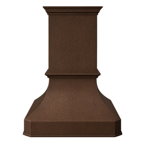 High ceiling island copper range hood front view, tall hammered copper canopy with dark rustic patina and extended chimney silhouette