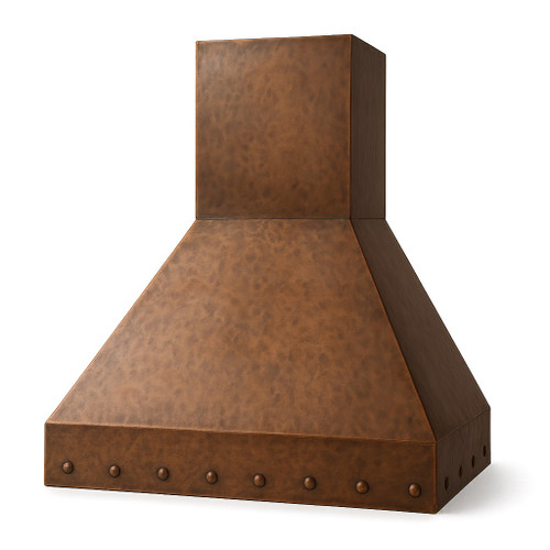 Mexican rustic hammered copper range hood - angle view