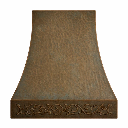 Front view of hand-hammered bell copper range hood with antique patina and ornate foliate apron