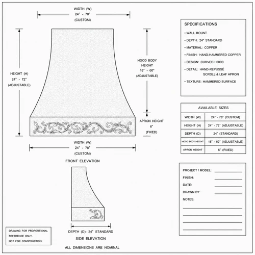 Technical draft of hand-hammered bell copper range hood showing front profile and proportional dimensions
