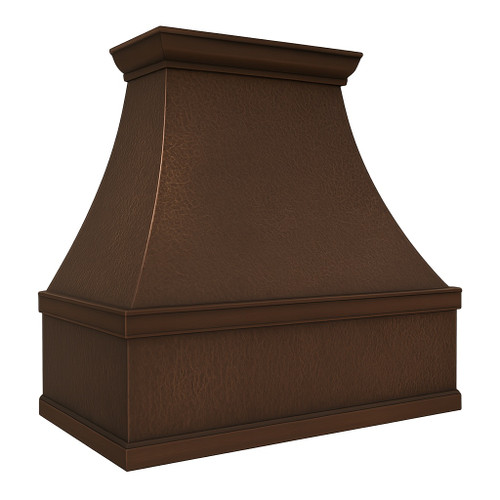 Hammered under-cabinet copper stove hood angle view on white background