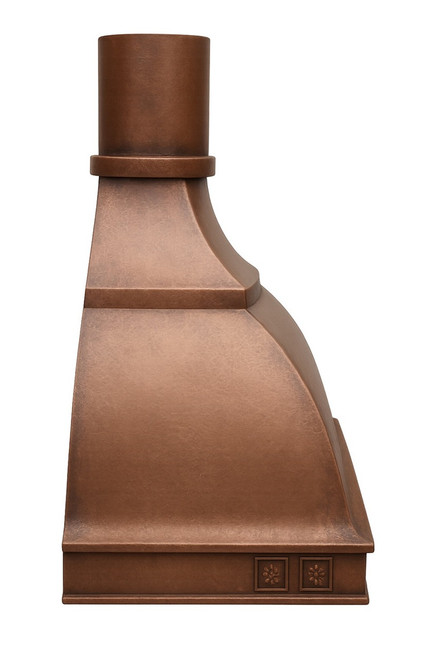 Curved bell copper range hood side view on white background with bell profile, paneled apron, and cylindrical chimney