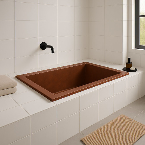 Contemporary copper drop-in bathtub installed in a modern bathroom