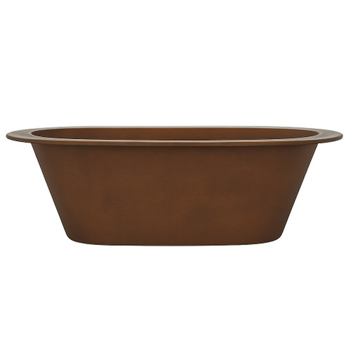 Handcrafted drop-in copper bathtub front view showcasing minimalist design and warm natural copper tones