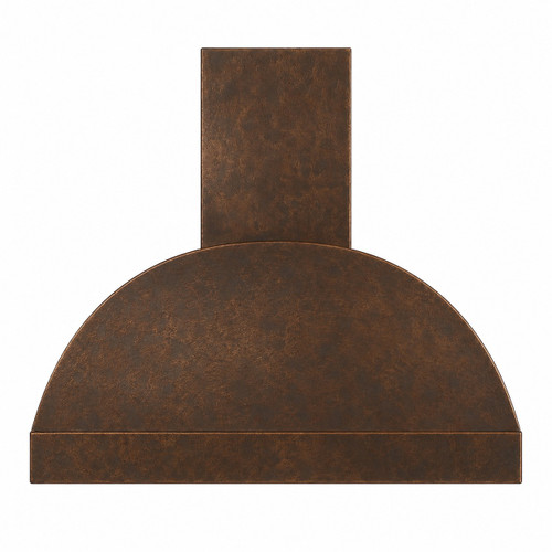 Barrel copper range hood front view on white background with arched canopy and hammered texture