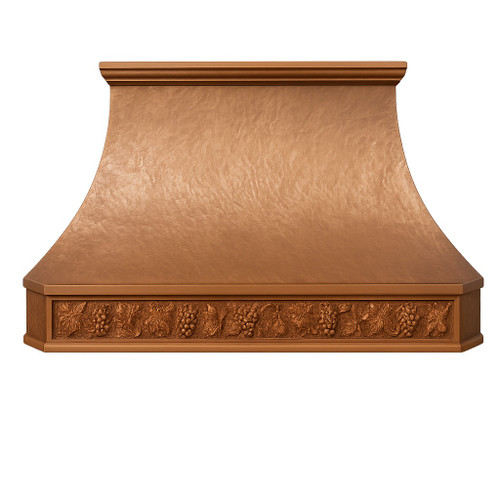 Handcrafted hammered copper exhaust hood front view on white background with grapevine apron and crown molding