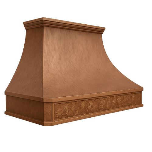 Hammered copper exhaust hood angled view on white background with grapevine apron, molded crown, and gently sloped body
