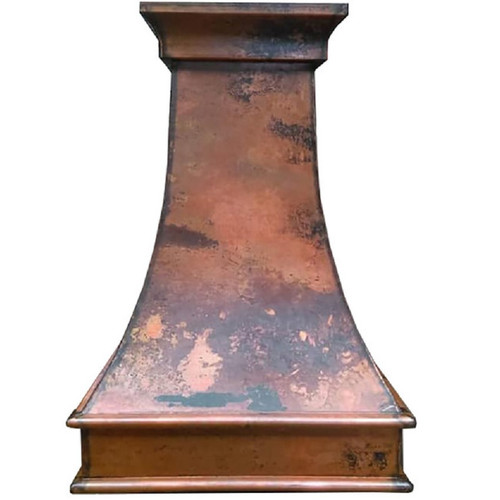 Colonial hammered copper vent hood front view on white background, tapered bell silhouette with crown molding and rich copper patina finish