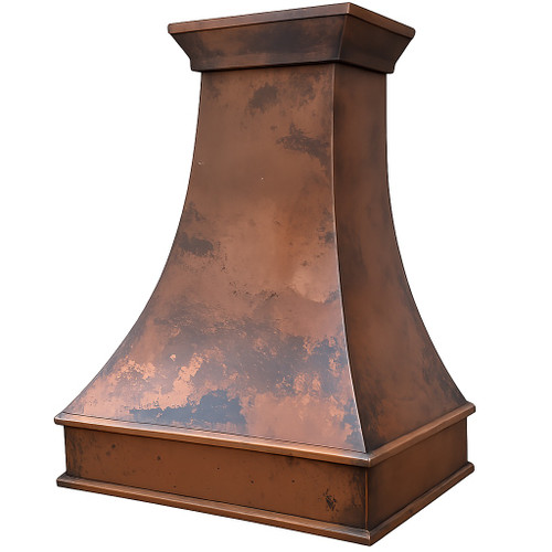 Colonial hammered copper vent hood angled view on white background, tapered bell silhouette with crown molding, hammered texture and warm copper patina finish