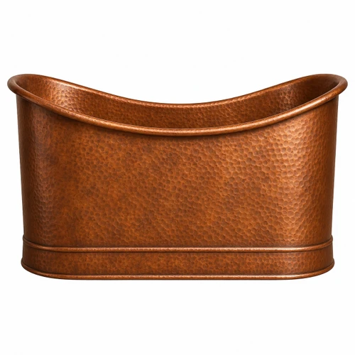 Freestanding hand hammered copper bathtub with architectural straight walls, shown from the front