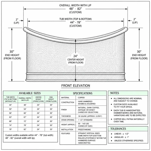Technical drawing of freestanding hand hammered copper bathtub with architectural straight walls and proportions