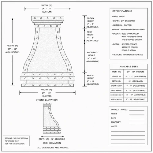 Gothic-style dome copper range hood technical drawing showing front and side proportions for installation planning