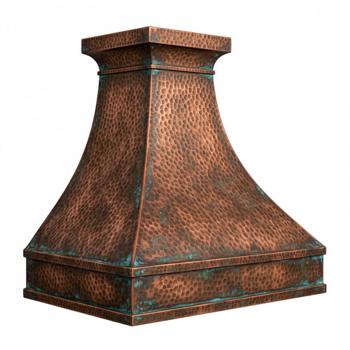 Hand-hammered copper range hood in bell shape with broad apron and soft Santa Clara del Cobre patina, angled view