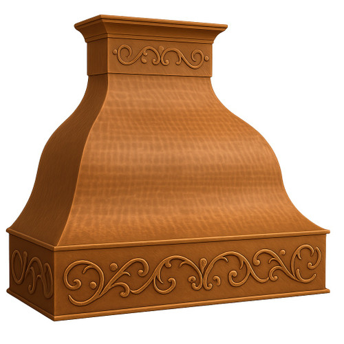 Farmhouse copper range hood with decorative scroll apron angled view, hammered bell canopy with light antique patina and ornate scroll detailing