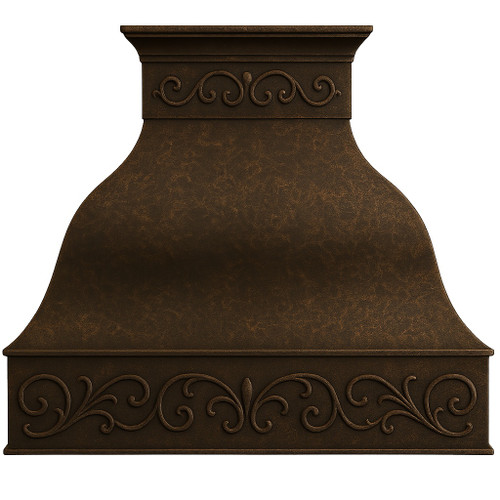 Farmhouse copper range hood with decorative scroll apron front view, hammered bell canopy with warm antique brown patina and ornate scroll detailing