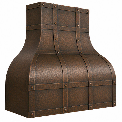 Copper dome range hood with architectural strap grid in antique patina, angled view