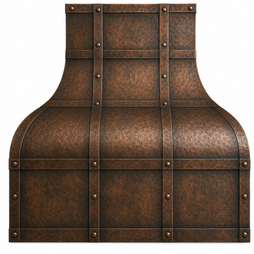 Copper dome range hood with architectural strap grid in antique patina, front view