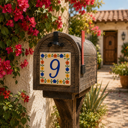 Talavera tile plaque number nine with Mexican floral border attached to a rustic mailbox adding colorful curb appeal